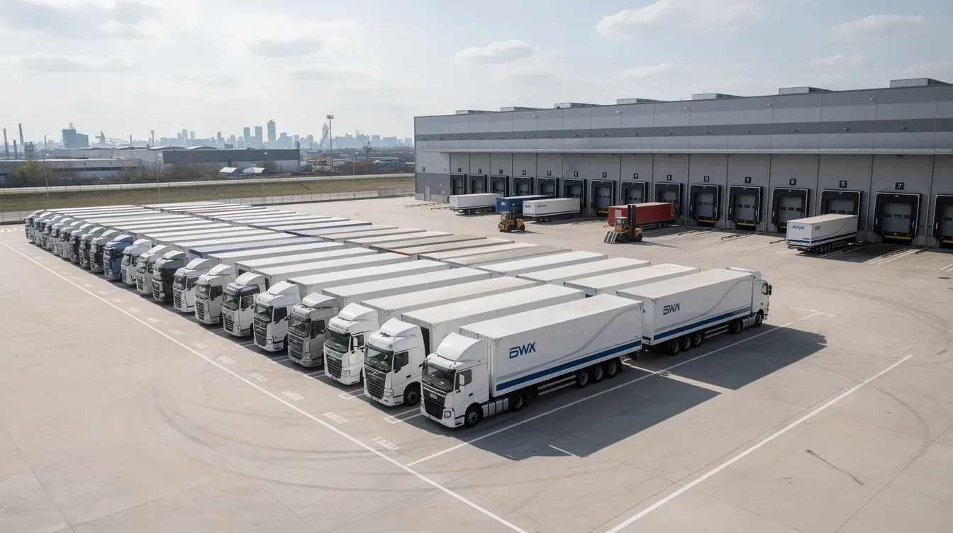 A fleet of commercial trucks is parked at a logistics depot, showcasing various vehicles equipped with truck dash cams for enhanced security. These cameras are designed to capture clear video evidence of incidents, ensuring drivers have peace of mind while their vehicles are stored.