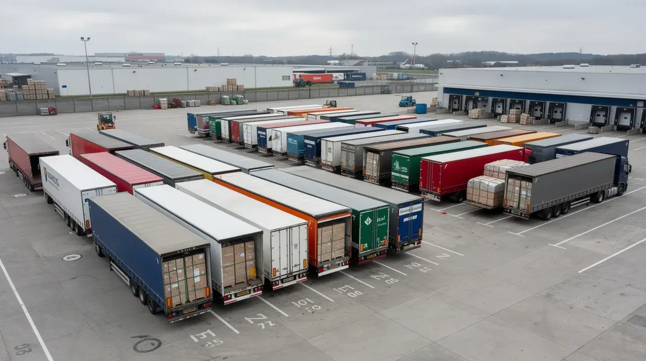 The image shows a large logistics yard filled with various types of trailers, including curtainsiders and flatbeds, parked in organized rows. This scene highlights the importance of trailer tracking solutions for transport and logistics companies, emphasizing the need for effective fleet management and real-time tracking to monitor the trailers' locations and status.