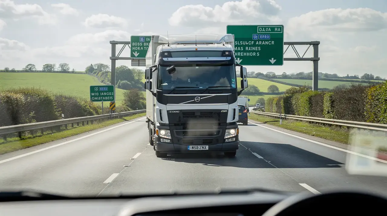 A commercial lorry is driving on a UK motorway, captured by a forward-facing dash cam that provides a clear view of the road ahead, ensuring drivers have video evidence for their journeys. This setup is ideal for protecting against incidents like hit and runs, offering peace of mind for vehicle operators.