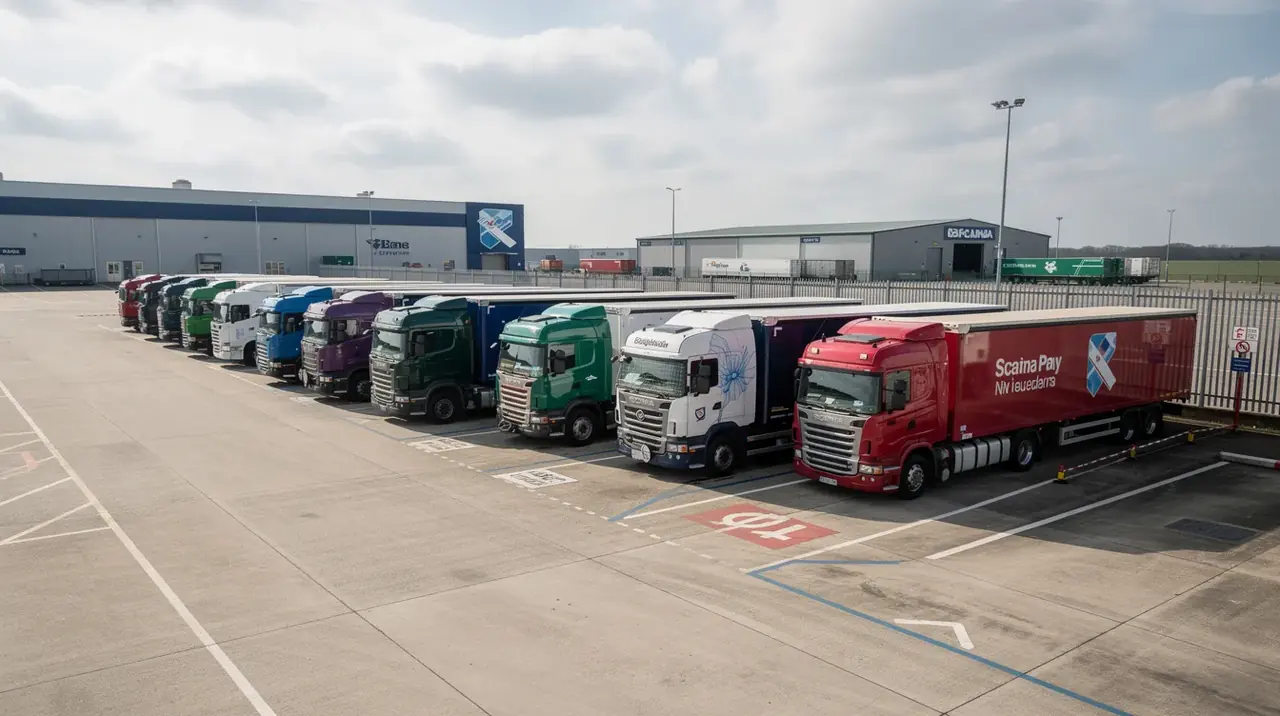 The image depicts several articulated lorries parked in a fleet depot yard, showcasing a well-organized truck fleet. This setup highlights the importance of fleet management and vehicle tracking systems for optimizing operations and ensuring driver safety.