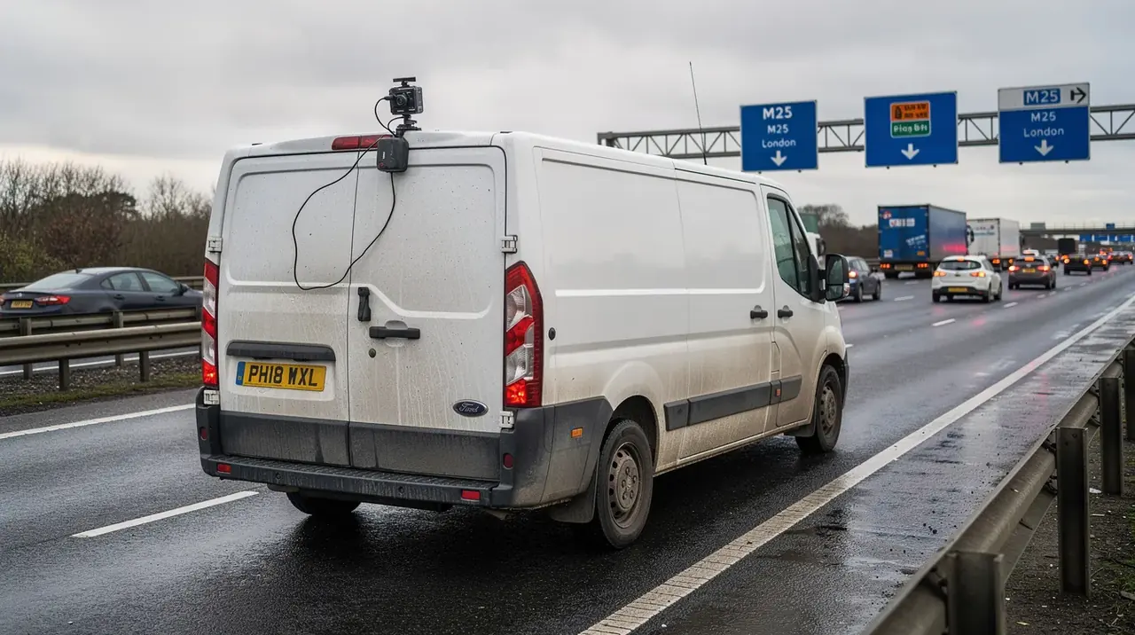 A white delivery van is seen driving on a UK motorway, with a dash cam prominently mounted on the windscreen, capturing live footage of the road ahead. This vehicle is equipped with features for vehicle tracking and driver behaviour monitoring, providing ultimate peace of mind for safety on the road.