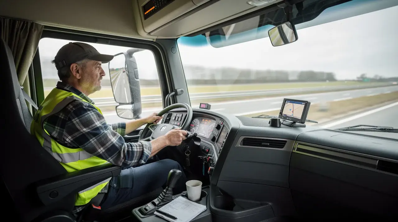 The image shows a truck driver seated in the cab of a modern HGV lorry, focused on the road ahead. The interior reflects advanced vehicle tracking technology, highlighting features like GPS tracking and driver behaviour monitoring that enhance fleet management and improve driver safety.