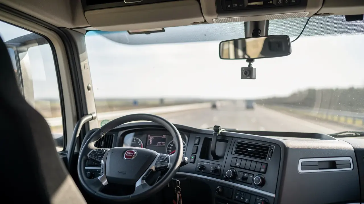 The image shows the interior of an HGV cab with a compact dash cam mounted near the rearview mirror, designed to capture video footage and monitor driver behaviour. This smart device enhances safety by providing real-time video evidence and GPS tracking.