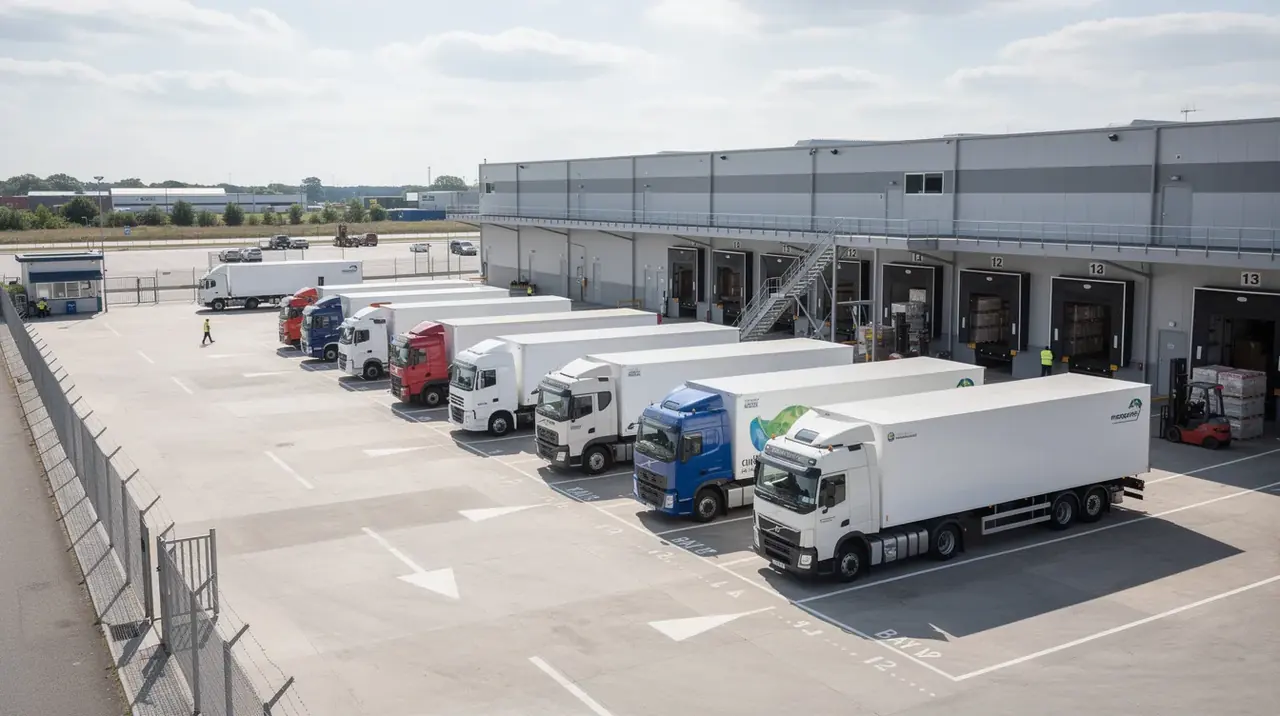 The image depicts a busy commercial depot yard filled with several parked lorries and large warehouses, showcasing a hub of fleet vehicles. This setting emphasizes the importance of vehicle tracking systems for fleet managers to monitor vehicle locations and enhance operational efficiency.