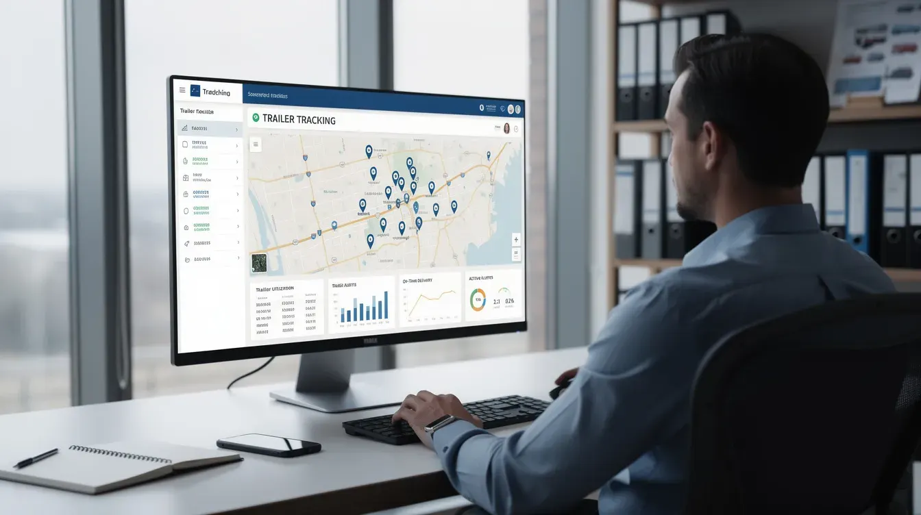 A fleet manager is seated at a desk, intently viewing a computer screen displaying a trailer tracking dashboard that showcases real-time location data and alerts for the fleet's vehicles. The interface includes key features such as GPS trackers, vehicle telematics, and current speed, aiding transport and logistics companies in effectively managing their assets.