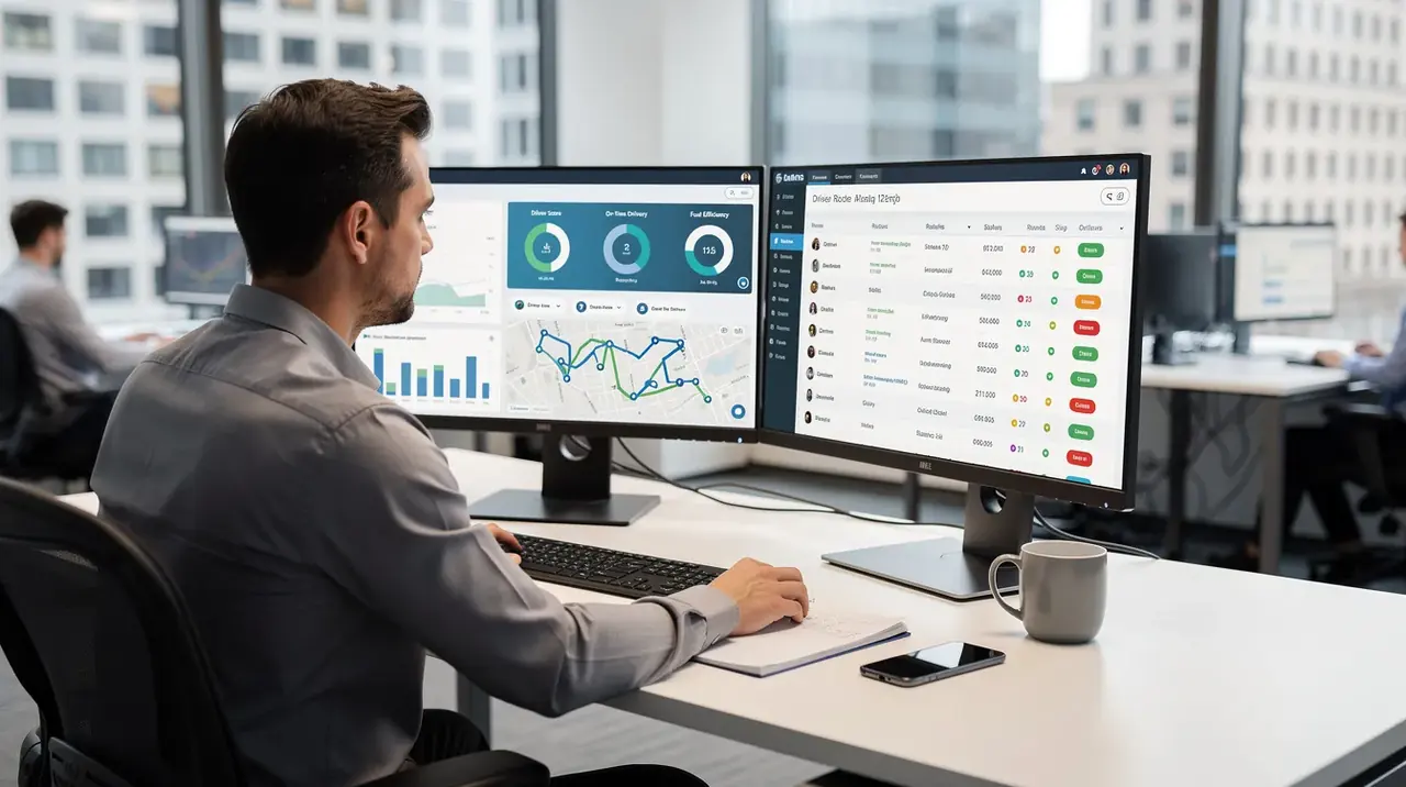 A fleet manager is intently reviewing driver data on multiple computer screens in an office, analyzing key metrics such as HGV driving hours, weekly rest periods, and compliance with EU regulations to ensure that drivers are adhering to the required breaks and working hours. The screens display detailed records of driving time, rest periods, and the last weekly rest period for each HGV driver, emphasizing the importance of safety and compliance in the transportation industry.